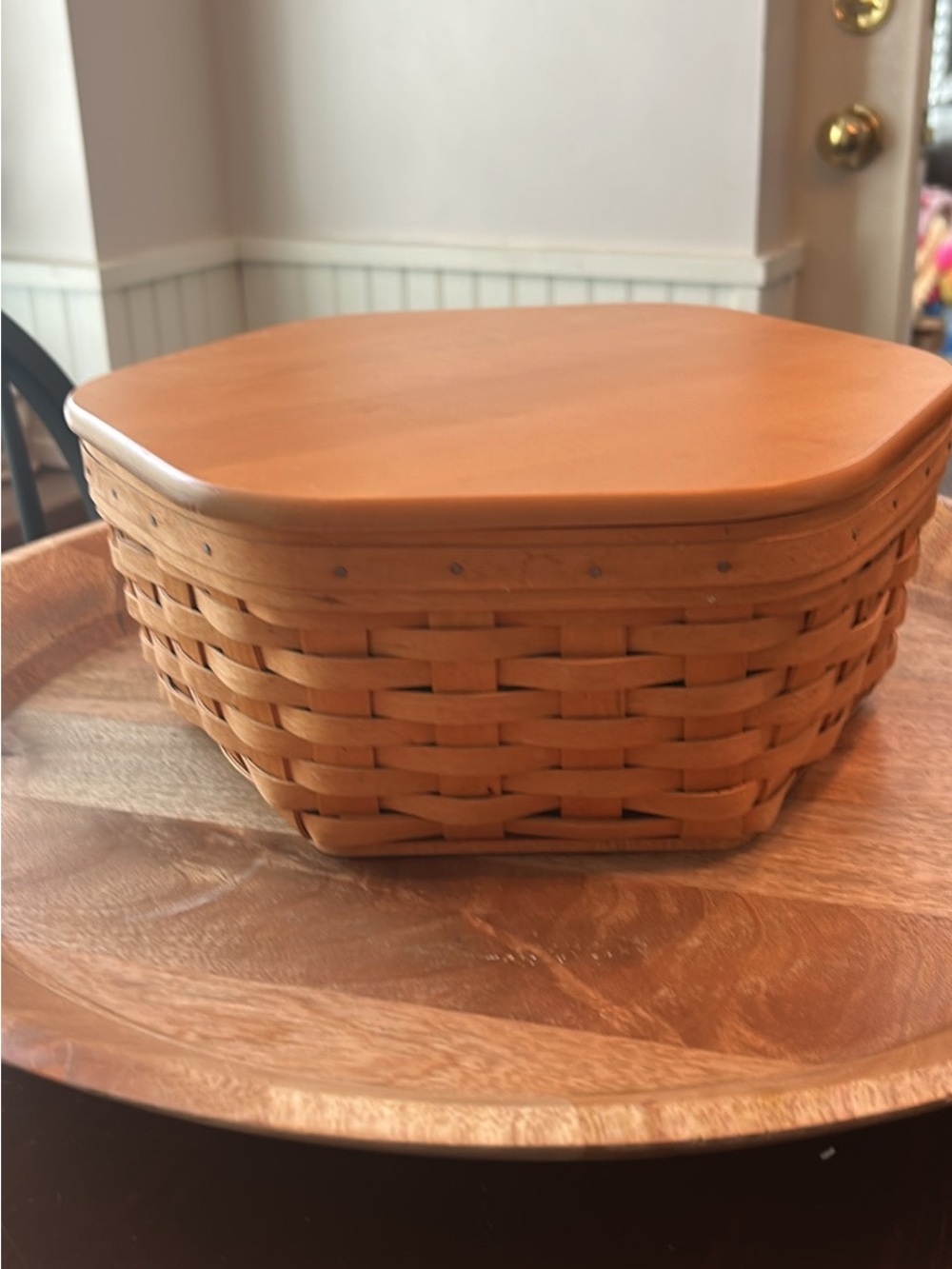 Longaberger Woven Basket with Lid and liner- 5 in tall by 12 in wide